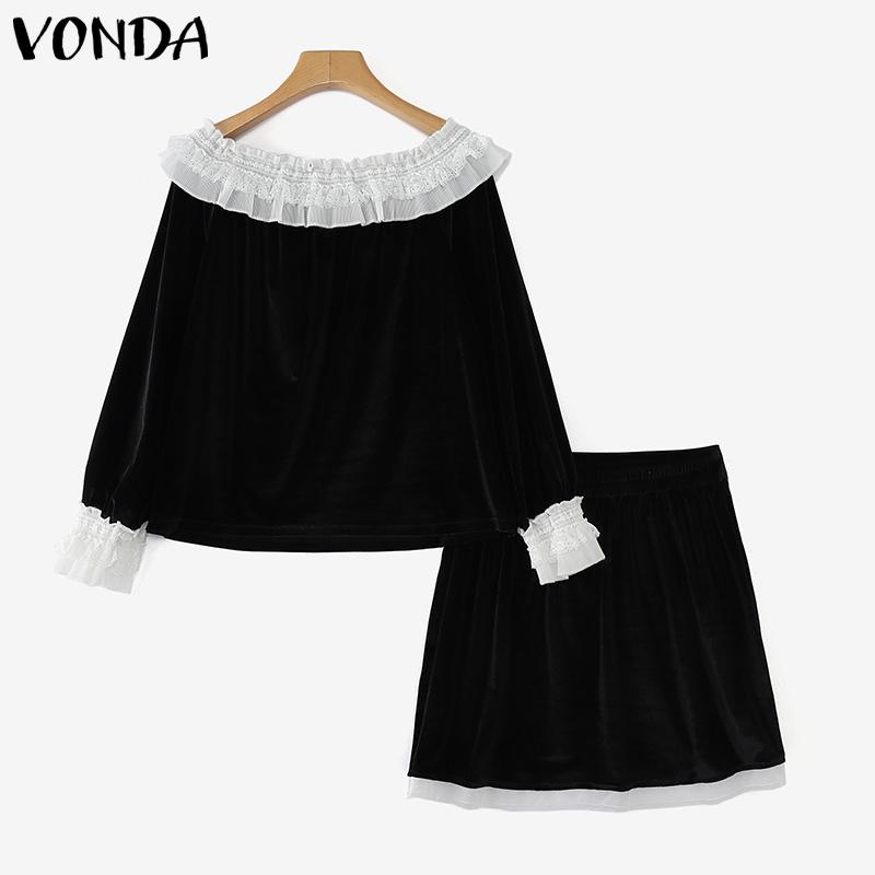 VONDA Women Summer Lace Off Shoulder Top Short Skirt Sets