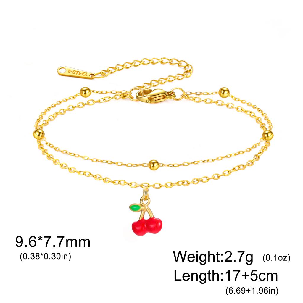 Cazador Enamel Red Cherry Charm Bracelet For Woman Stainless Steel Double Layer Beads Chain Fashion Fruit Jewelry Gift