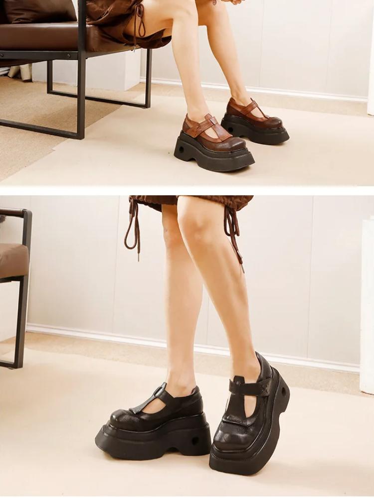 Johnature Vintage Pumps mit dicker Sohle und quadratischer Zehenpartie aus echtem Leder, Plateauschuhe für Damen