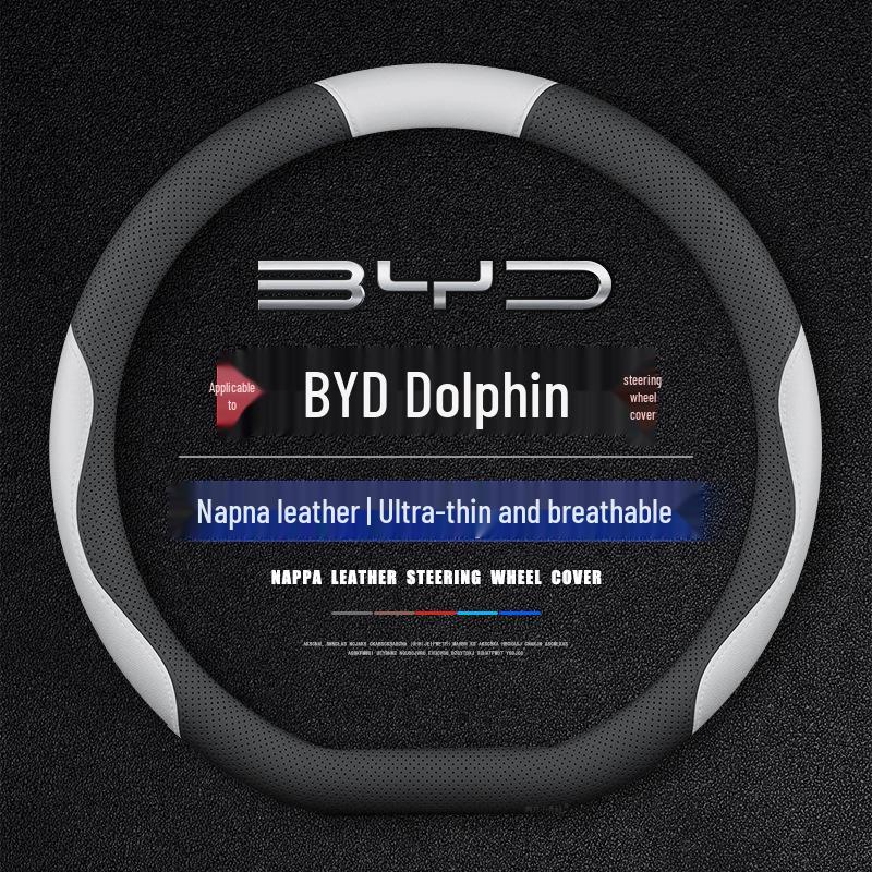 Genuine leather, hand-stitched non-slip steering wheel cover for BYD Dolphin 2021-2023 models.