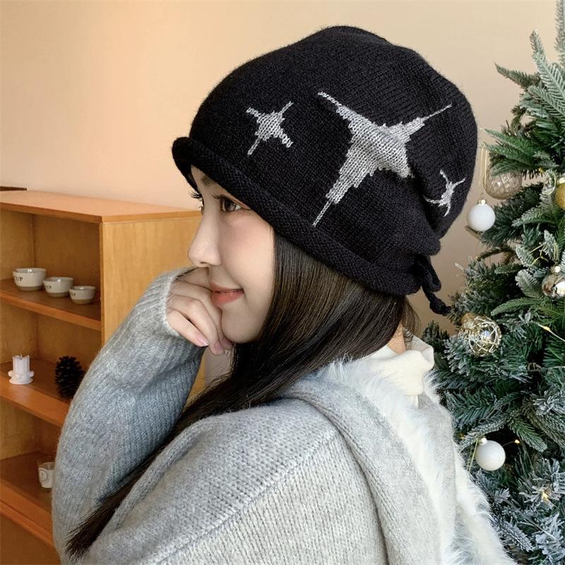 Star Pattern Curling Drawstring Beanies For Women Autumn And Winter Warm Ear Protection Versatile Retro Knitted Pullover Hats