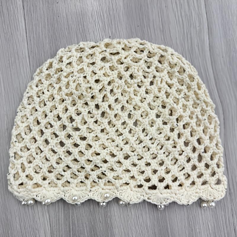 1Pc Sequined Pearl Hat, Handmade Knitted Hollow Thin Breathable Versatile Beanie Hat