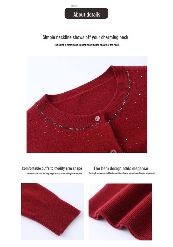 Women's Pure Wool Knit Cardigan - Spring Fashion Casual Round Neck Sweater for Middle-aged Mothers, Autumn/Winter Outerwear