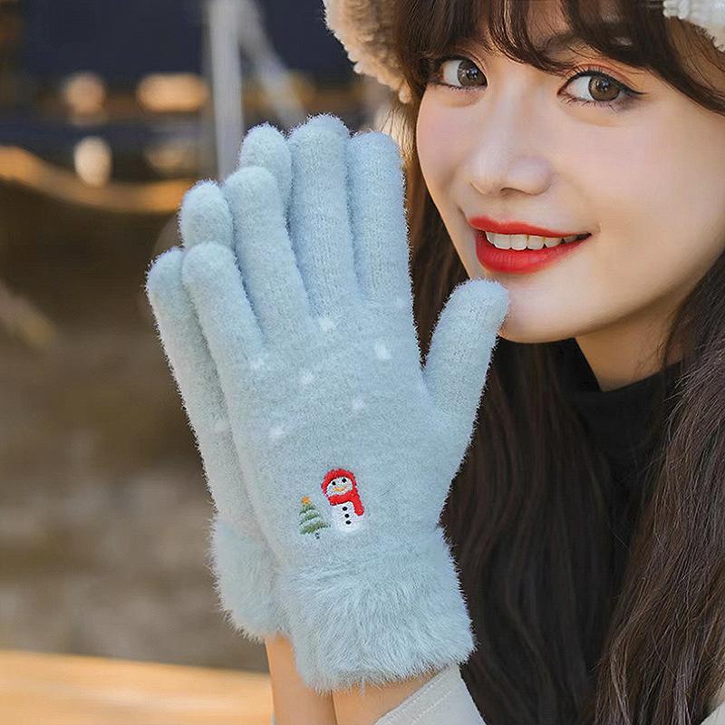 Women's Touch Screen Gloves Embroidered Snowman Cute Imitation Mink Warm Knitted Plush Autumn and Winter Cold-proof Finger Gloves