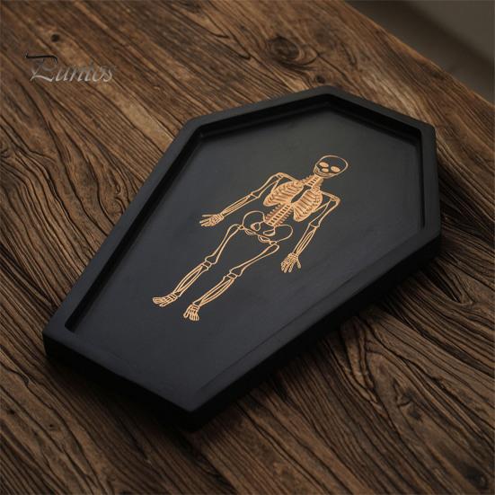 Gothic Storage Tray Halloween Serving with Engraved Skeleton, Wooden Charcuterie Board, Casket Decorative Catchall for Jewelry Shape Platter