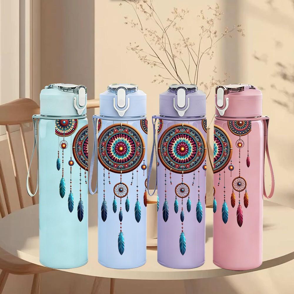 1PC Bohemian Dreamcatcher Colorful Feather Ornament 750ml Color Plastic Sports Water Bottle Leakproof Flip Straw Lid Suitable for Sports Office Use