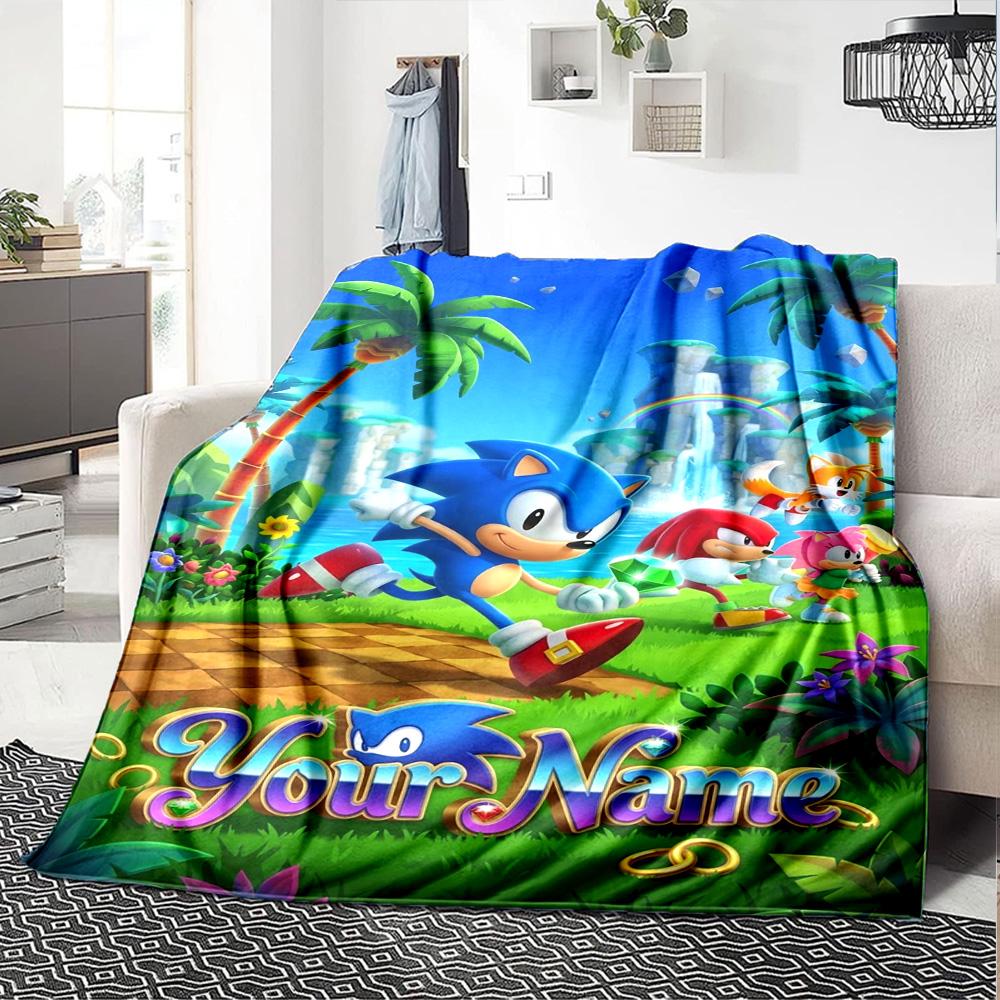 Name Custom Blue the Hedgehog Print Flannel Blanket High Quality Warm Comfortable Cover for All Seasons Perfect for Gifts Home Decor