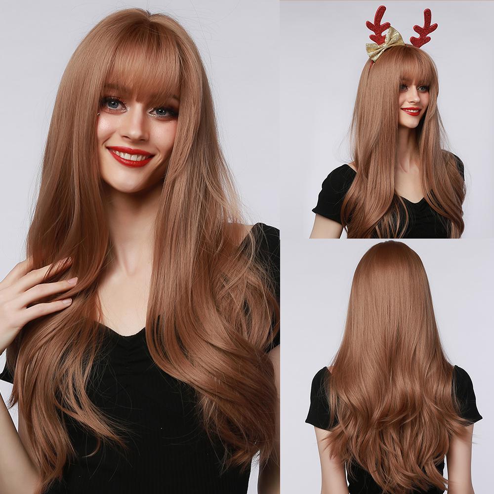 Synthetic Wigs Long Natural Wavy Wig Ombre Brown Golden Highlight Blonde Layered Hair with Side Bangs for Women Heat Resistant