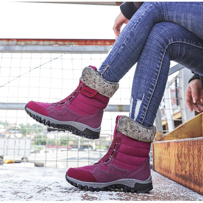 Women Winter Velvet Plus PU Snow Boots Casual Suede Medium Warm High Top Cotton Shoes Large Antiskid Solid Color Lace Up Rope