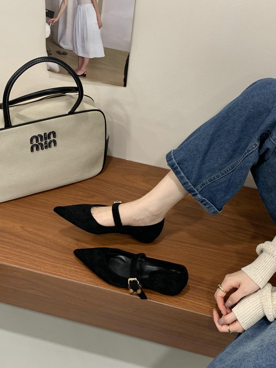 2025 new French heightening shallow mouth pointed suede word with Mary Jane shoes women s gentle and versatile daily commute 35