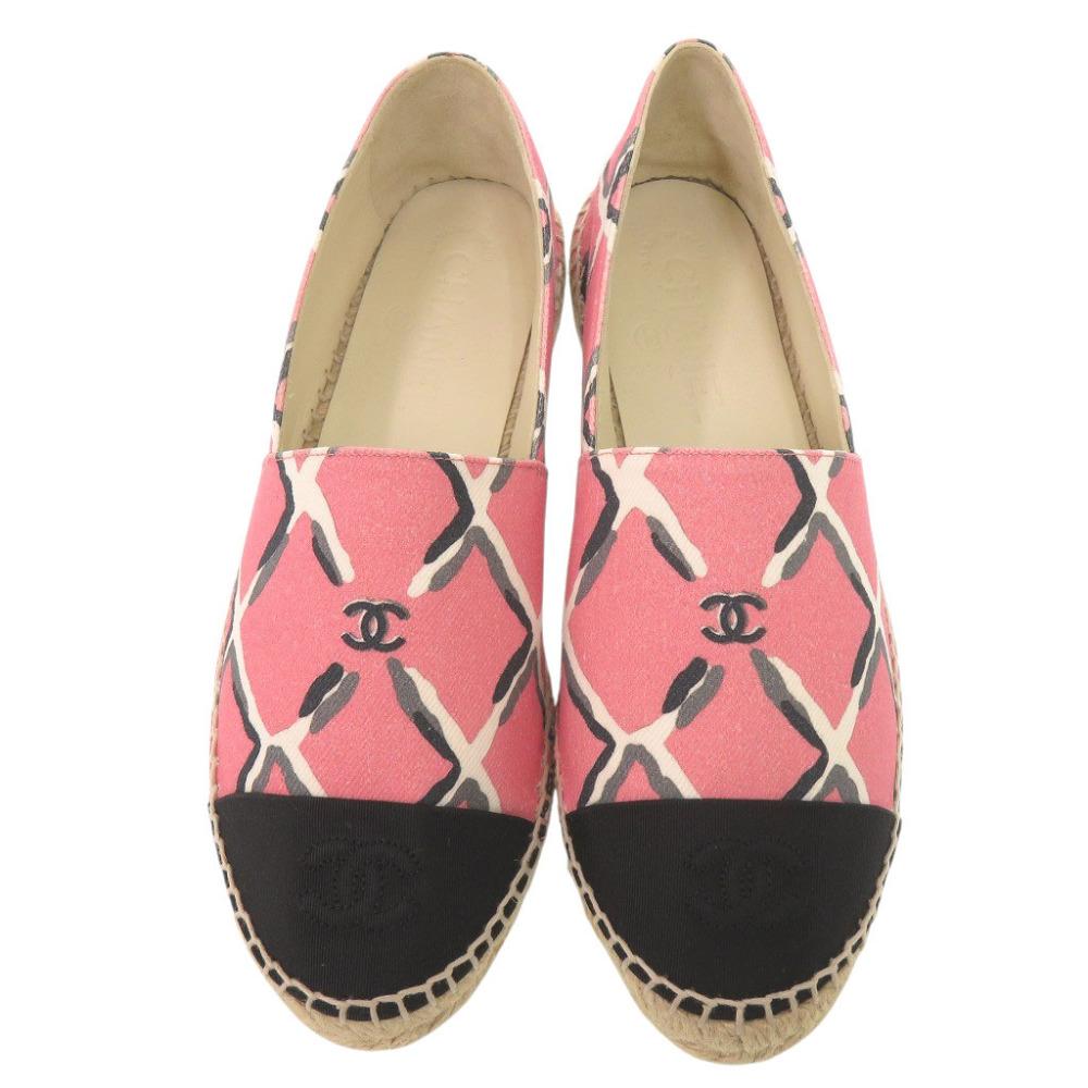 Used AUTHENTIC CHANEL G30898 Flat Shoes Espadrilles CC Mark pink/Black Canvas/hemp