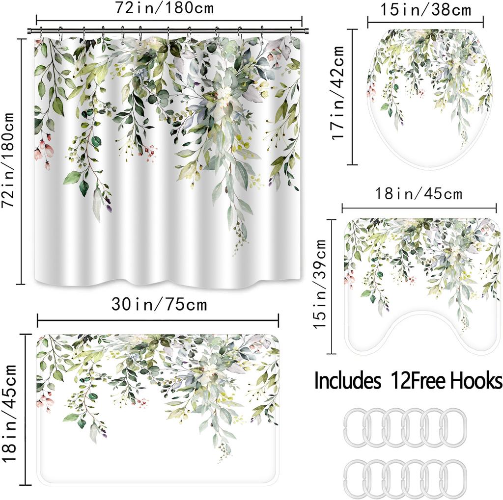 Plant Leaves Shower Curtain Sets Waterproof Floral Shower Curtain Leaves Fabric Cloth Bathroom Curtains With Hooks