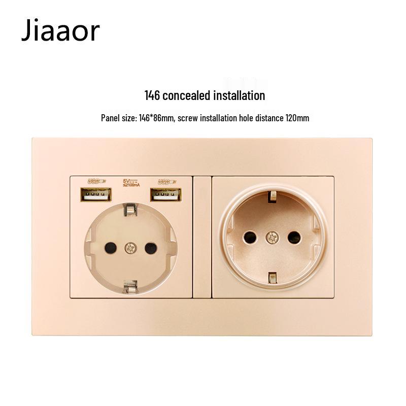 Type 146 Dual USB 16A Two-Gang European Power Socket Panel with German Standard Switch (Concealed)