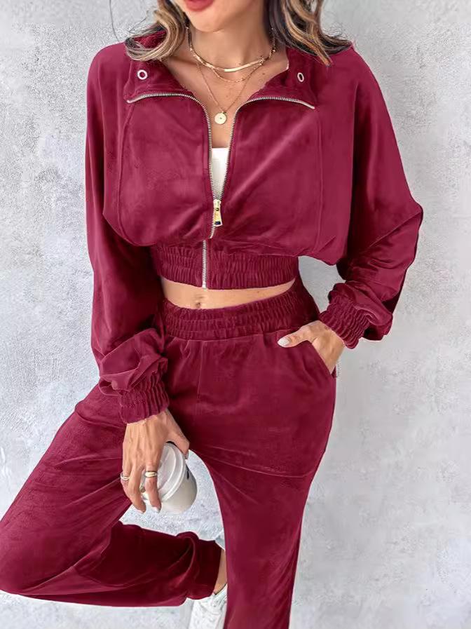 Women's Autumn 2024 Gold Velvet Cropped Top & Long Sleeve Pants Casual Set