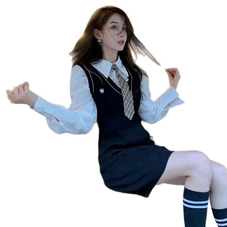 JK uniform fake two-piece set, college style hip skirt, spring and autumn new sweet age-reducing high-end dress