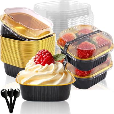 50Pcs Aluminum Foil Cupcake Cups Kitchen Non-Stick Foil Baking Cups Square Ramekin Pudding Dessert Cups Cream Cups Containers