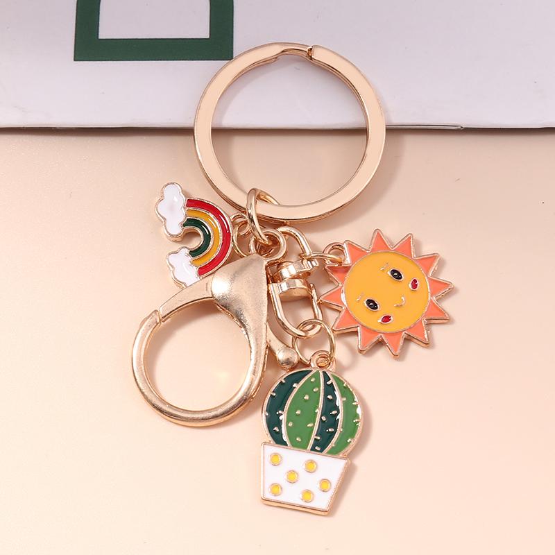 Cute Rainbow Keychains Enamel Plant Cactus Sun Charms Keyrings Souvenir Gifts for Women Men Car Key Handbag Pendants Key Chains