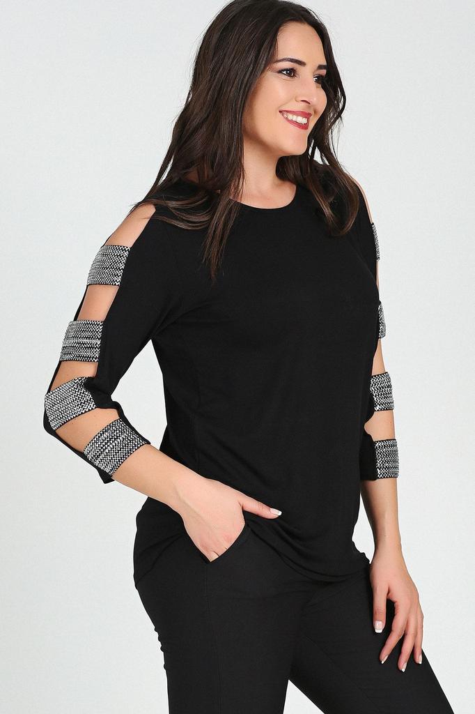 Damen Übergröße Bluse Schwarz Ärmel Silber Bänder Bluse