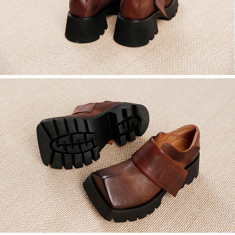 Johnature Retro Square Toe Women Platform Shoes Genuine Leather Thick Soled Solid Color Versatile Shoes