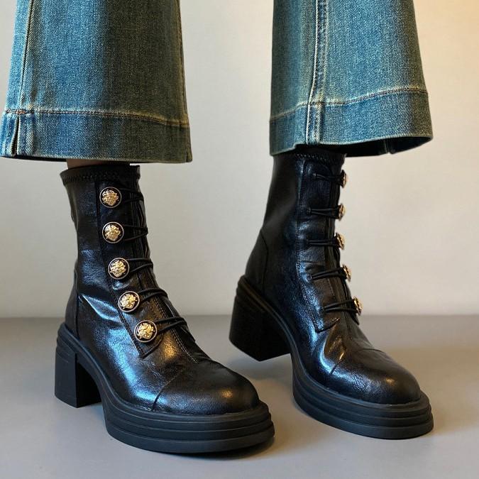 Sheepskin~ High heel 7cm badge Small gold buckle Martin boots Thick sole heightening short boots Women's rear zipper soft sole silent boots