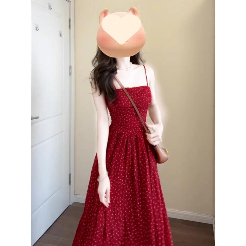 Retro Red Floral Suspender Dress for Children's Summer New Seaside Vacation Style Waist Dress