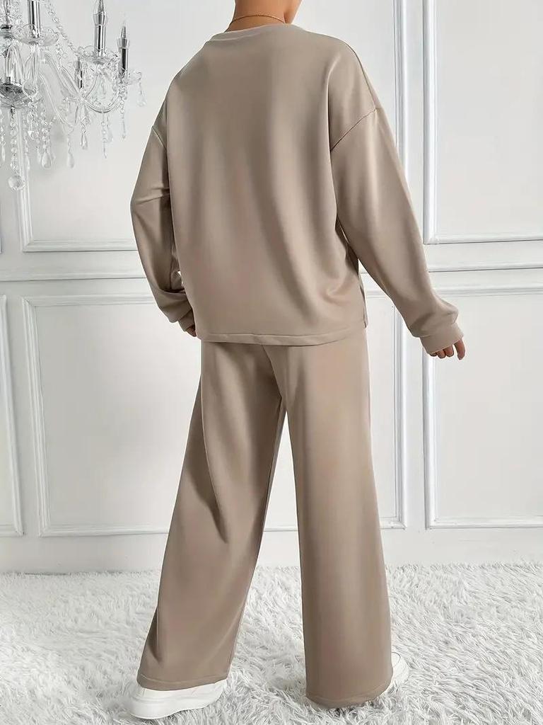 Trendy Solid Color Long Sleeve Round Neck Two-Piece Set for Women