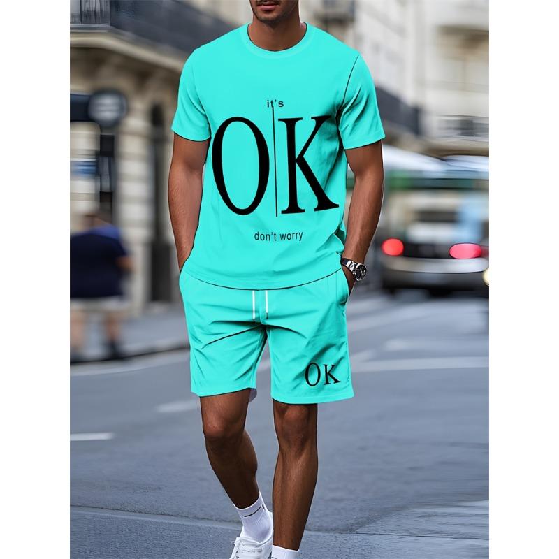 New Summer Men's Outdoor Sports Short Sleeve Breathable Suit Letter Pattern Design Leisure Fashion Street Style Two Piece Set