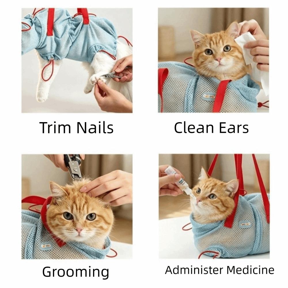 Breathable Mesh Cat Bathing Bag Adjustable Hanging Pet Restraint Bag High Elasticity Quick Drying Cat Grooming Bag Pet Care