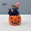 Pink Wizard Hat Cat Halloween Pumpkin Figurine, Retro Black Stacked Resin Decorations Tabletop Figurine for Table Desk Office Mantel Home Fireplace