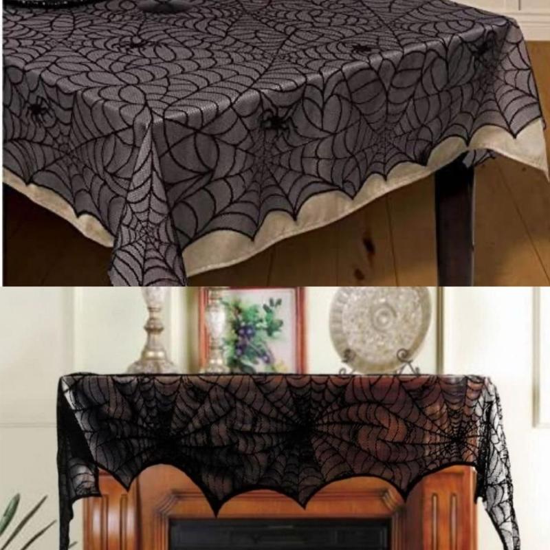 Lace Table Runner Spiderweb Mantel Scarf Cover for Holiday Party Decoration, Black Spiderweb Mantel Scarf