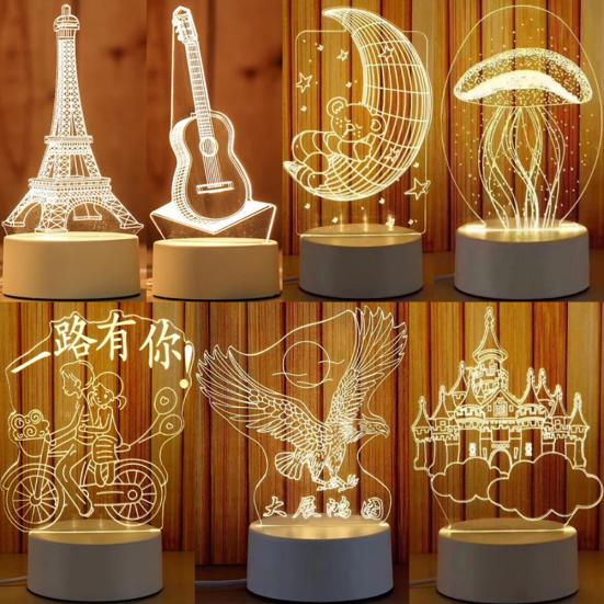 3D Hest/Båt/Tårn Akrylfargeskiftende 3-natt LED-lys Skrivebord Nattbordslampe