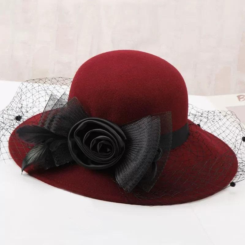 Autumn and winter hats, women's mesh top hats, light luxury, elegant and high-end retro woolen hats