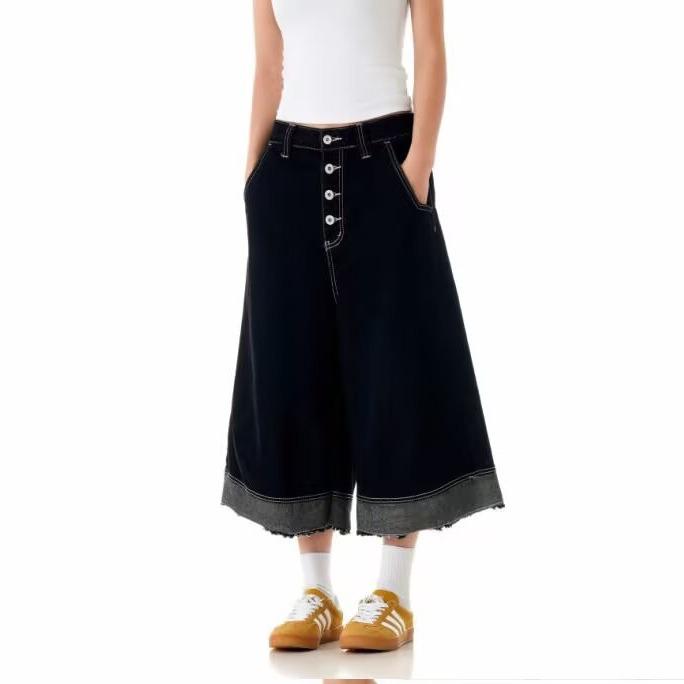 

American Style Women s Retro Patchwork Raw Edge Wide-Leg Jeans Culottes M