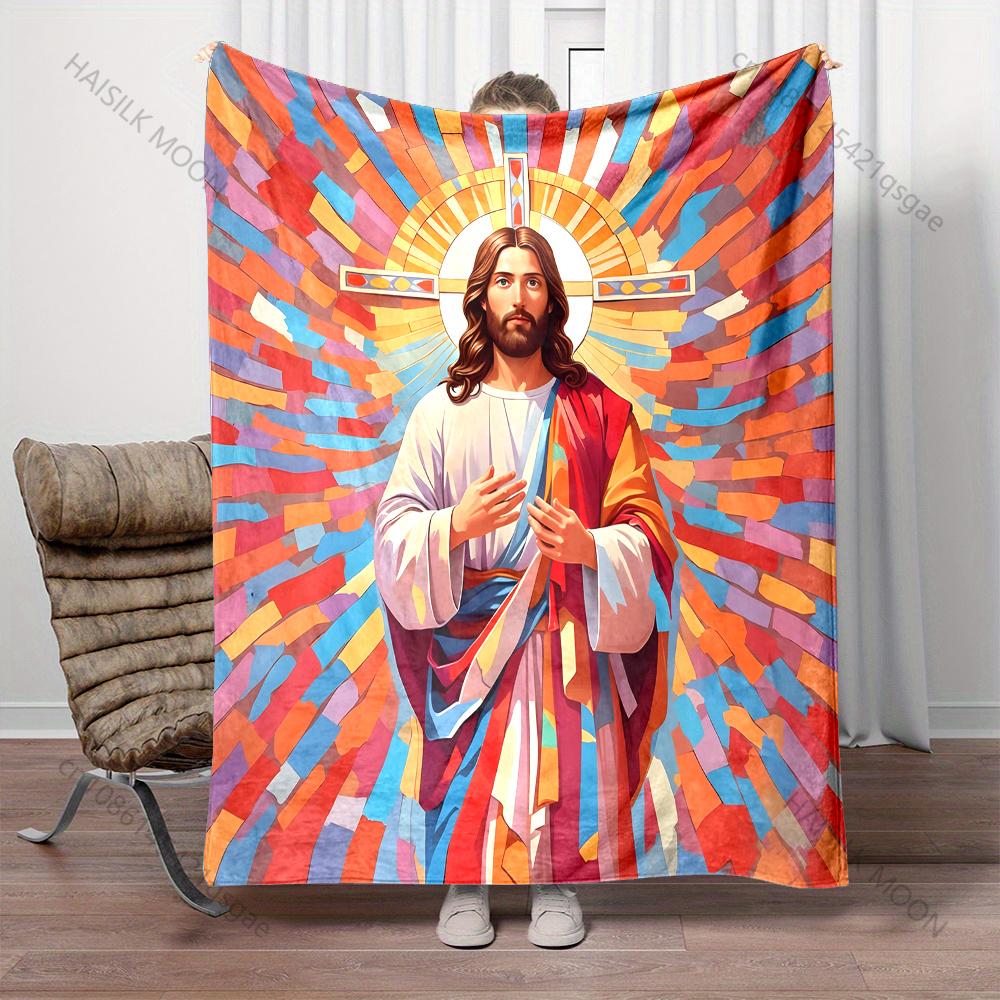 1PC Jesus Figure Colorful Background Print Believer Pray Blanket Warm Soft Flannel Material Suitable for All Seasons Luxury Gift