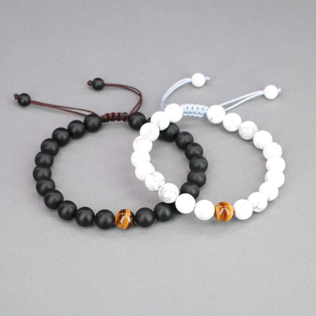 COAI Matte and Tiger Eye Power Stone Bracelets for and Good Set of Adjustable Length Howlite, Onyx, Success, Purification, Protection, Luck, Men's,