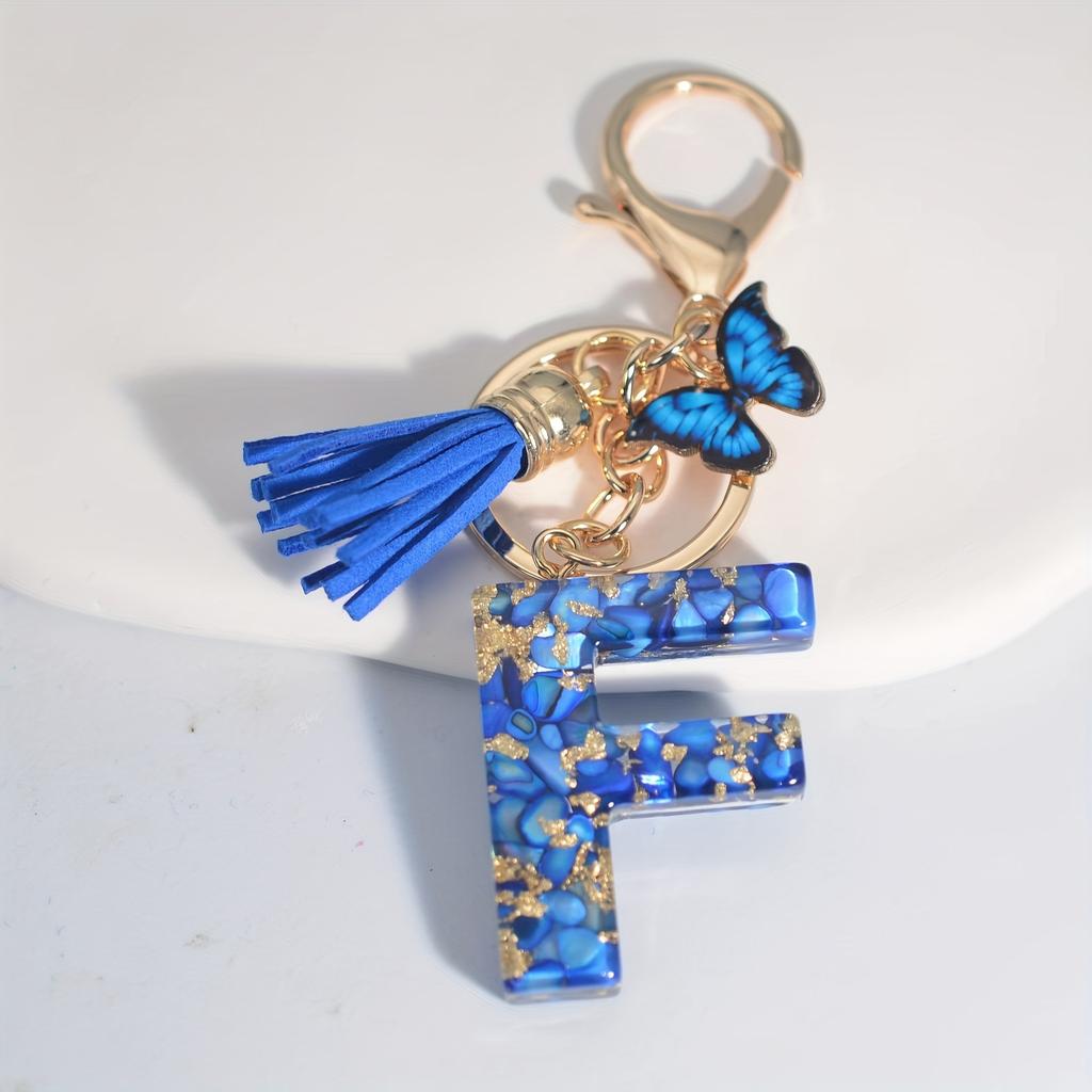 1pc Custom Blue Alphabet Letter Keychain with Butterfly Pendant Resin Ladies Key Ring with Tassel - Elegant Accessory for Bags Backpacks