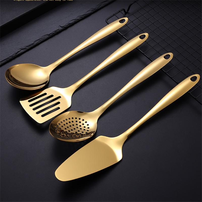 Golden 304 Stainless Steel Kitchen Public Spoon Colander Spatula Cake Shovel Long Rice Spoon Oil Filter Complete Cooking Tools