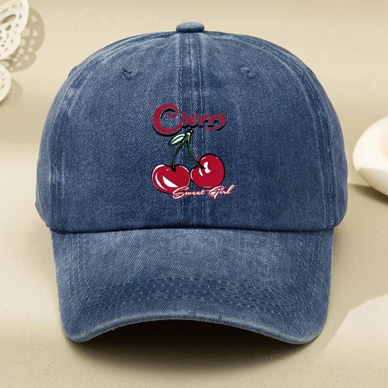 Cherry Sweet Girl Washed Baseball Cap Retro Distressed Print Adjustable Unisex Casual Sports Cap