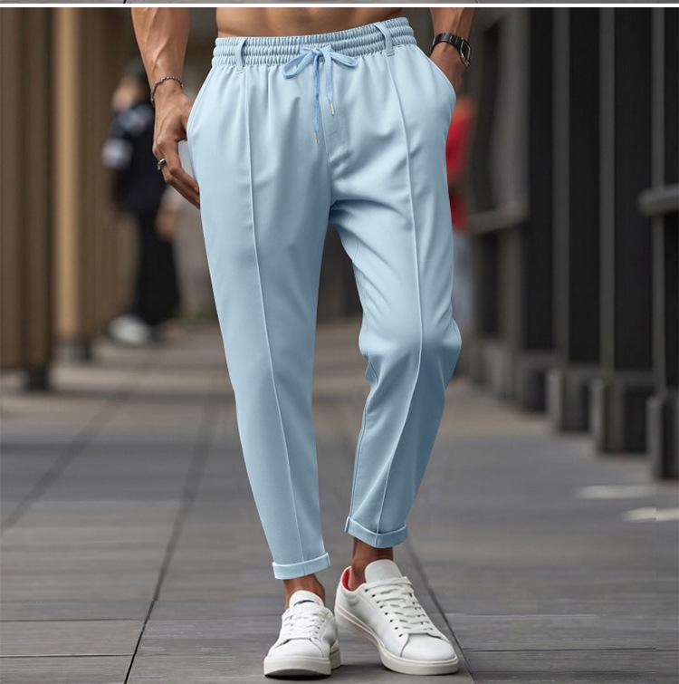 American Style Men's Casual Slim Fit Tapered Pants - Autumn/Winter Solid Color with Drawstring