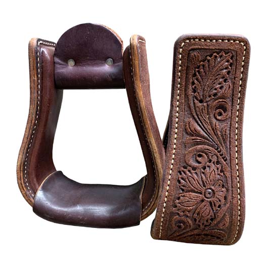 High Quality Horse Western Stirrups Saddle Tack Floral Handmade Tooled Leather Covered Pair