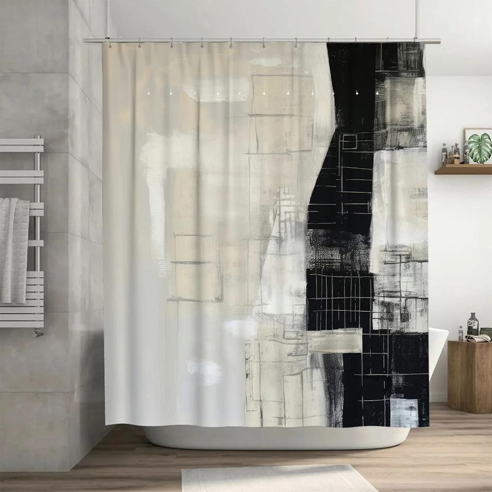 Černobílá Moderní Styl Sprchový Závěs Abstraktní Design Domácí Dekorace Koupelnové Doplňky Sada Voděodolná Podložka do Vany s Háčky