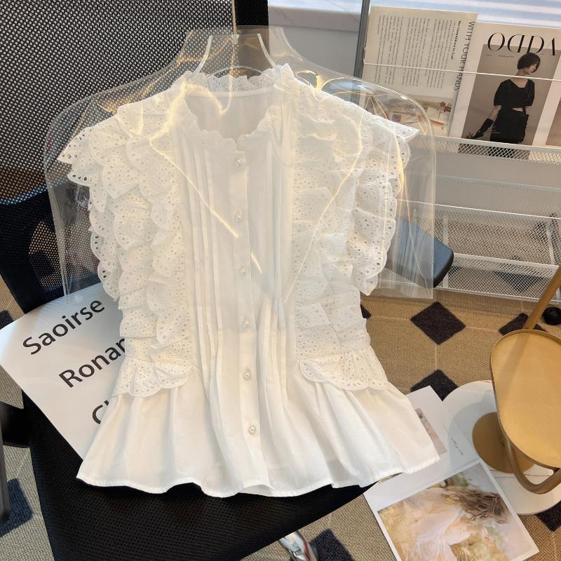 Fashion Flying Sleeve White Shirts Vintage Sleeveless Ruffled Lace Blouse for Woman Woman Elegant Casual Sweet Tops
