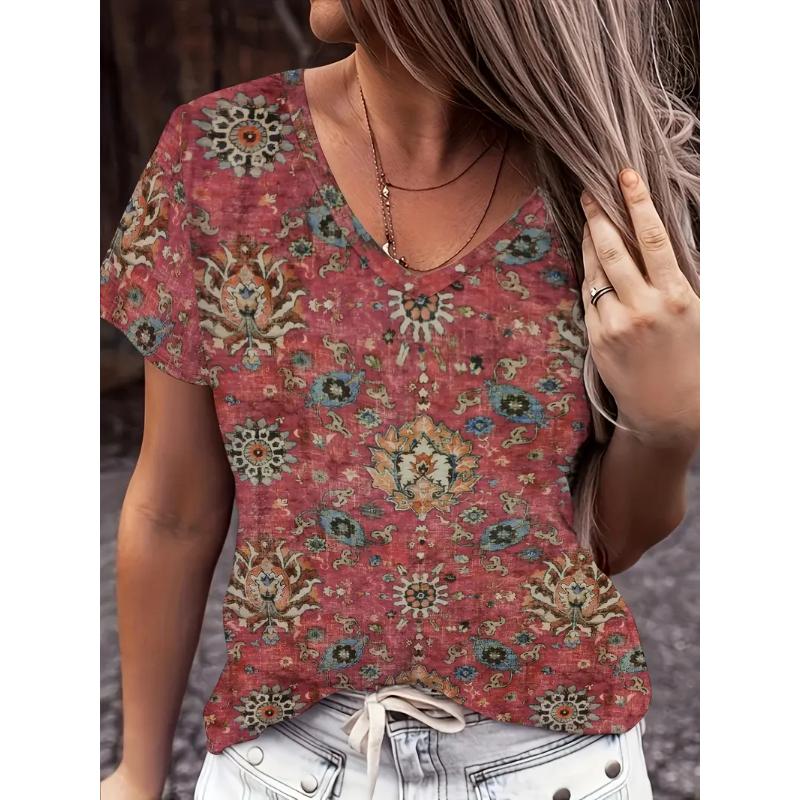 Fashion Women's V-Neck T-Shirt Summer Outdoor Street Trend Short Sleeve Tops Floral Printed Patterns OverSize Loose  Clothing