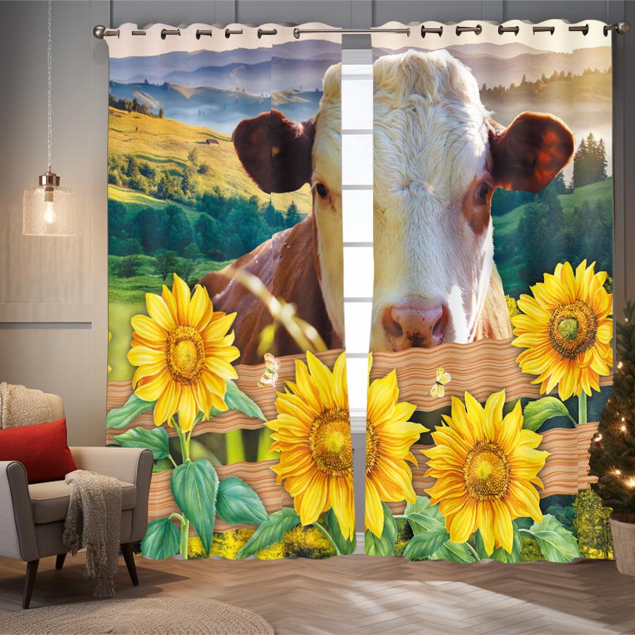 2 pieces of sunflower and cow pattern printed curtains, decorated in a retro rural style for bedrooms and living rooms
