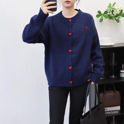 Embroidered Crew Neck Gray Knitted Cardigan Autumn and Winter New Loose Lazy Wind Soft Waxy Sweater Jacket Women