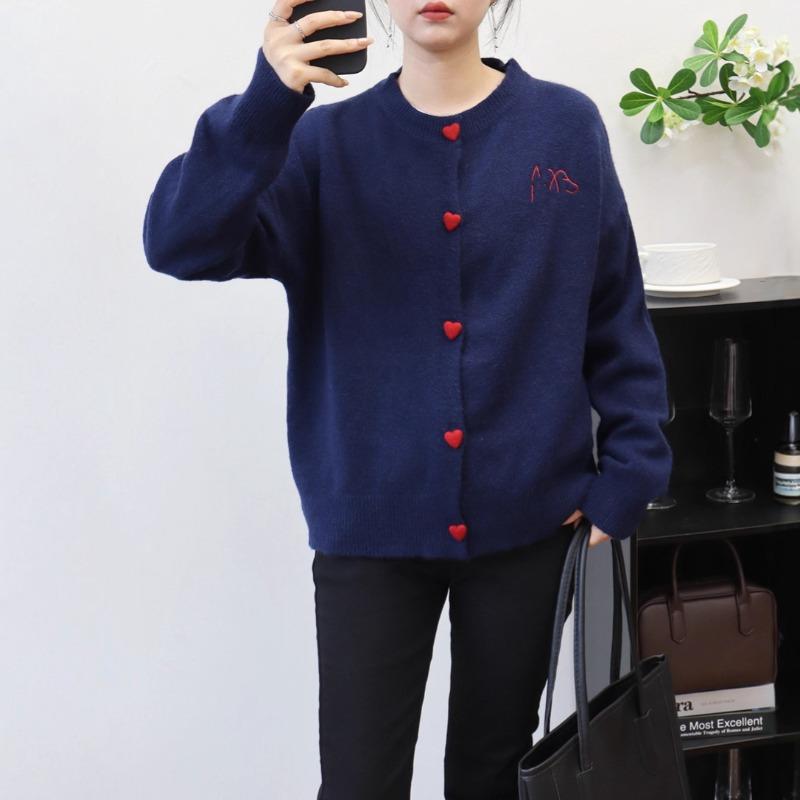 Embroidered Crew Neck Gray Knitted Cardigan Autumn and Winter New Loose Lazy Wind Soft Waxy Sweater Jacket Women