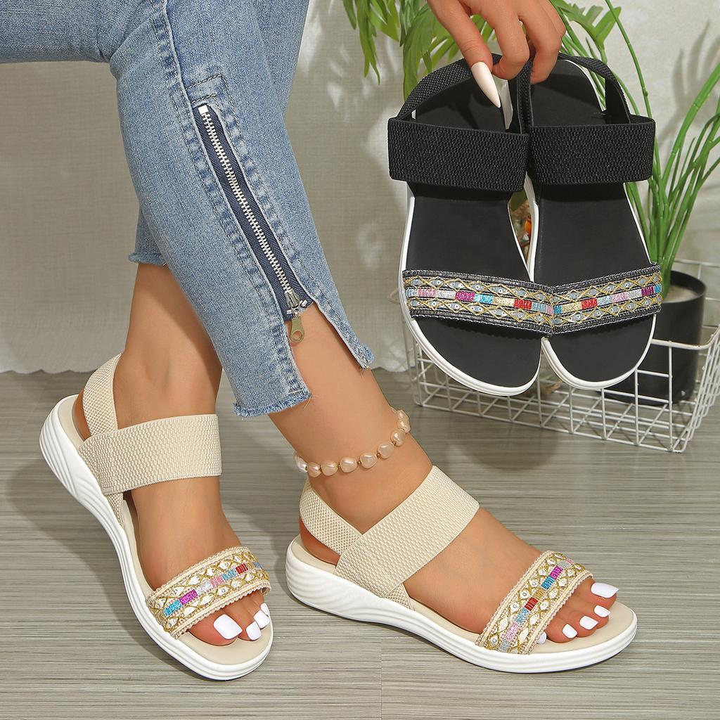 Women's New Casual Sports Style Sandals with Thick Sole and Flat Heel, Color Blocked Fly Woven Fish Mouth Sandals
