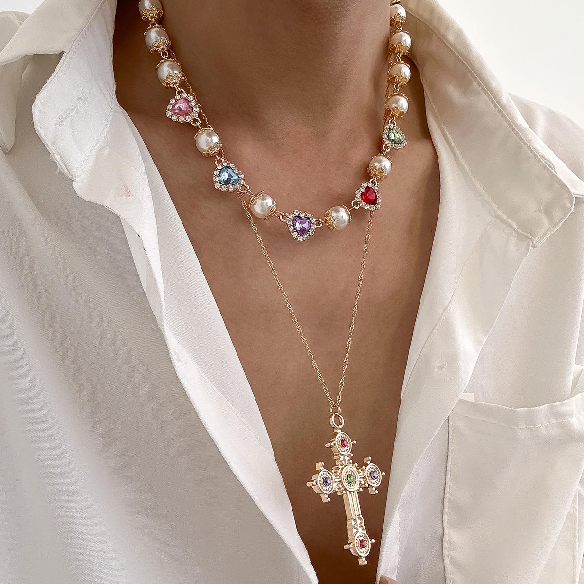Personalized Diamond-Set Cross Stacked Necklace Female, Sweet And Cool Love Gemstone Imitation Pearl Chain Necklace