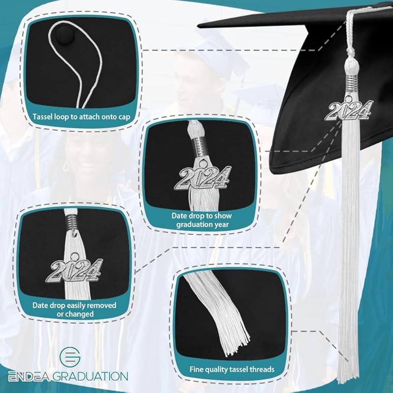 Endea Graduation Single Color Tassel with Silver Date Drop (White, 2024) 2024 белый