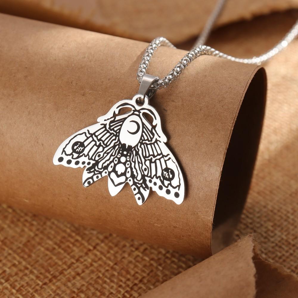 Fashion Witchy Moon Moth Necklace Chain Women Silver Titanium Steel Pendant Jewelry